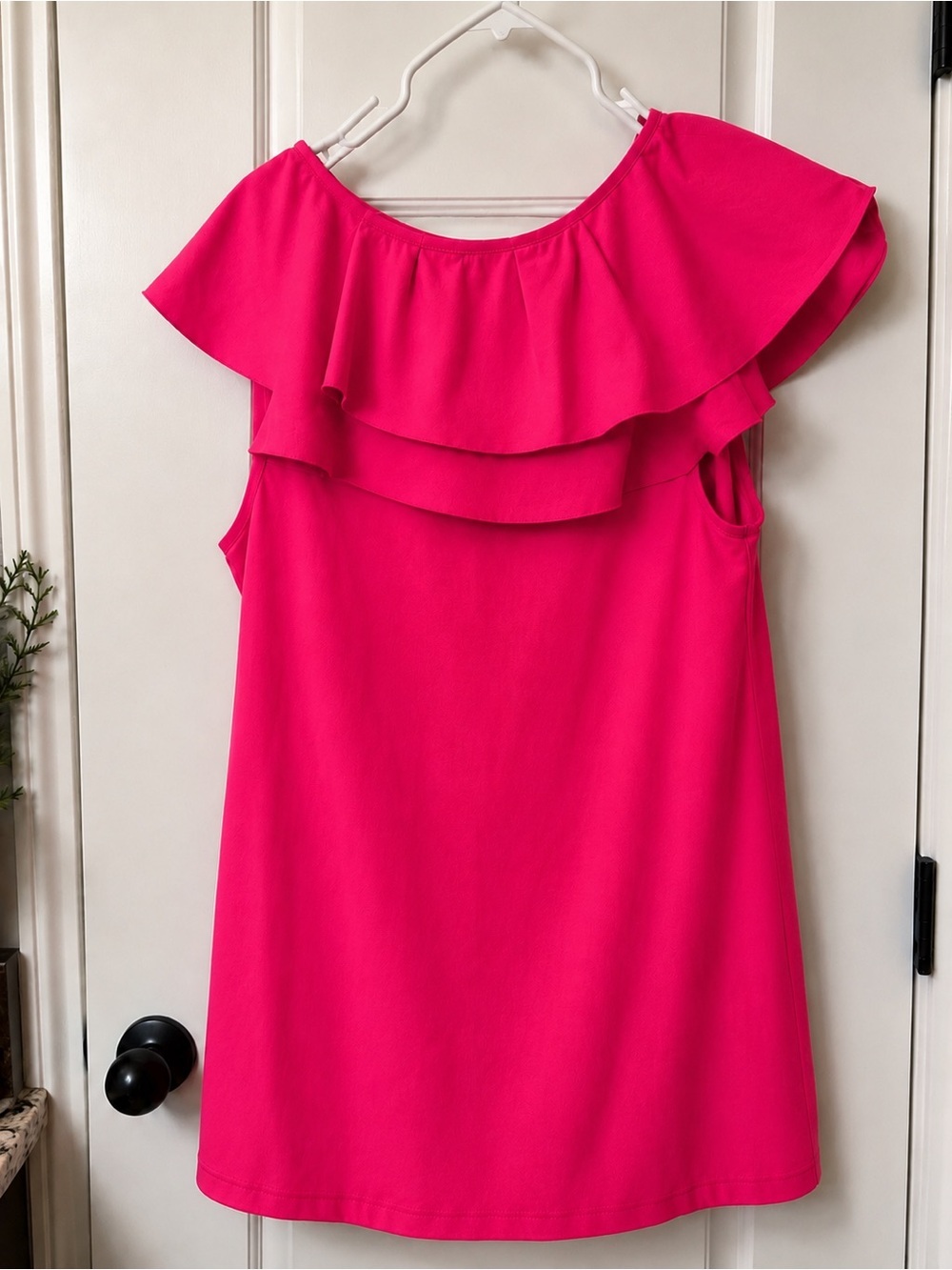 Karin Stevens Hot Pink Ruffle Neckline Shift Dress Sleeveless NWT Size 12 - Picture 2 of 4